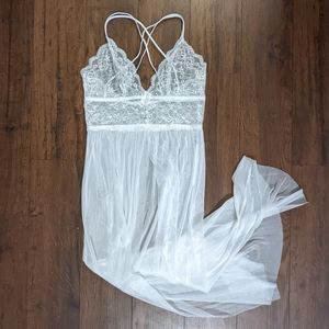 Full Length Open Front Lace Chemise and Thong Set Lingerie, Large